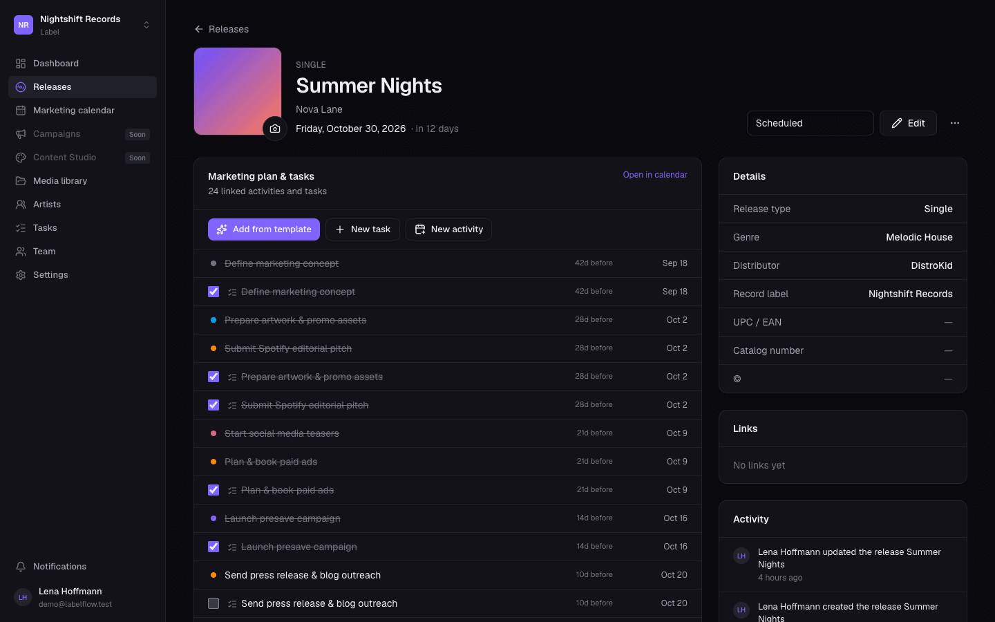 Release page with marketing plan, tracklist and checklist